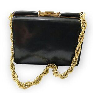Vintage  Black Leather Frame Hand Bag‎ with Gold Tone Chain Handles, 1940s